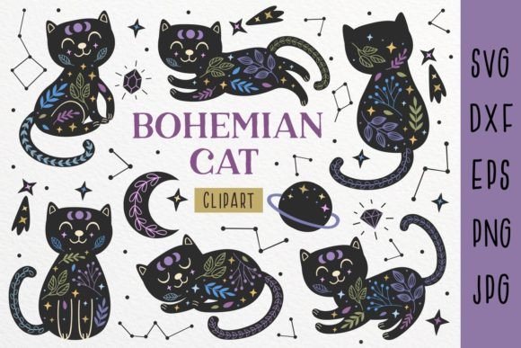 Bohemian Cat Clipart, Celestial Cat Svg